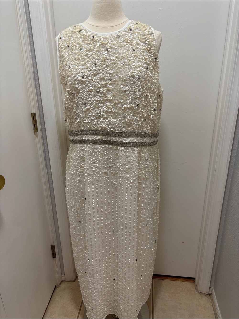 Mac Duggal White Beaded Sleeveless Beaded Dress